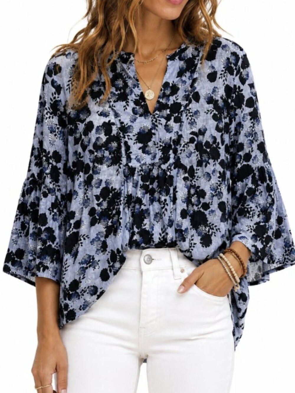 Ann Taylor LOFT Blue Floral Bell Sleeve Blouse
